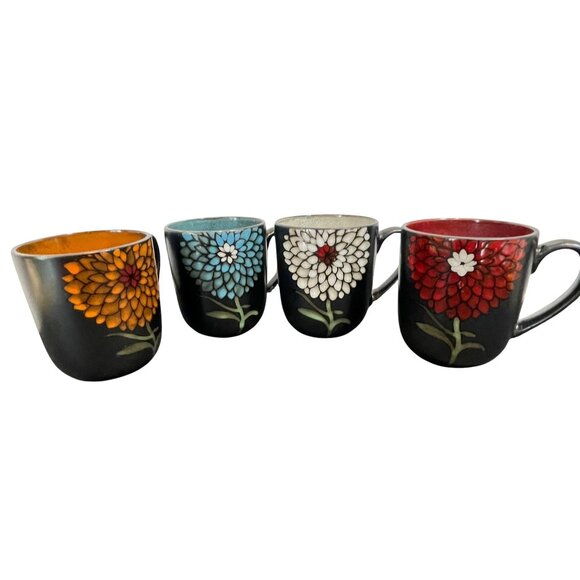 Set Of 4 Gibson Home Black Floral Ceramic Mugs With Multicolor Interiors Dishwas - Picture 1 of 11